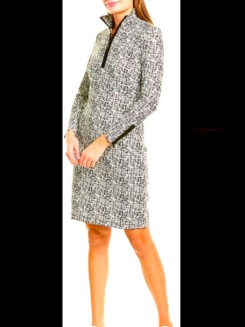 J. McLaughlin Black and White Tweed Long-Sleeve Dress Spandex blend
